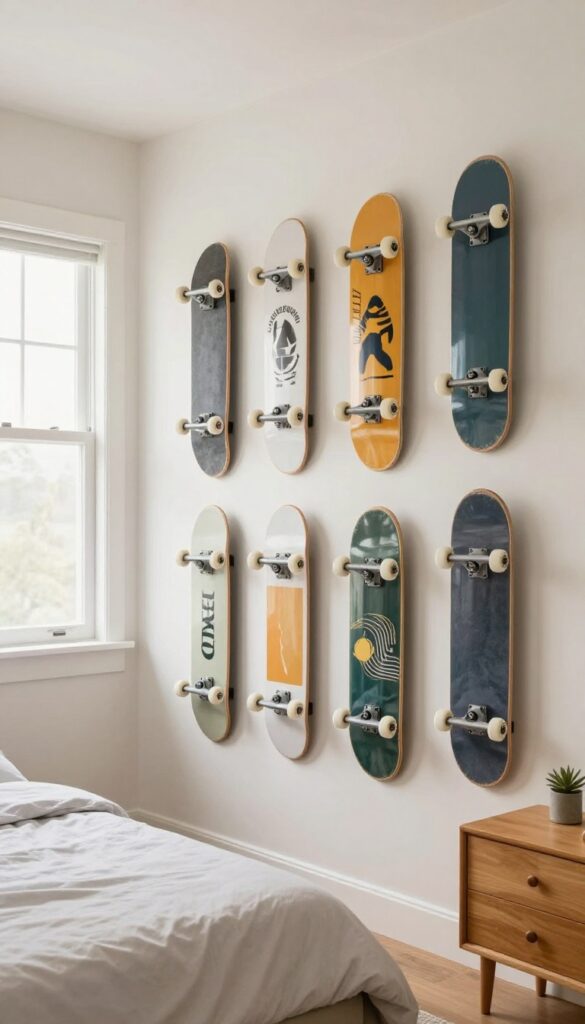 A teen boy's bedroom featuring a skateboard wall display with boards mounted in a staggered pattern on a light-colored wall, surrounded by minimal decor and bright natural light.