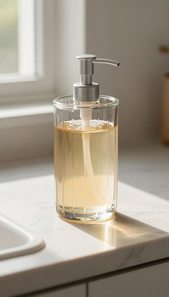 Ribbed glass soap dispenser on a kitchen counter with natural light highlighting its texture
