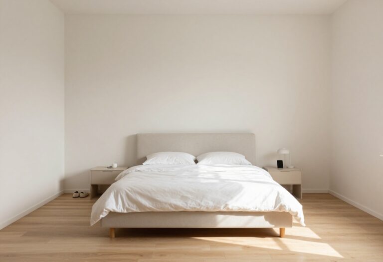A tiny bedroom with a low-profile bed, morning light, and minimalist decor, showing a calm and spacious feel despite the small size.