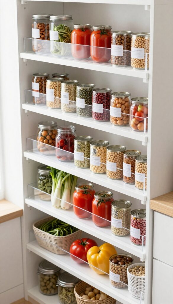 Tiered shelving for cans in a bright pantry, cans organized by type on acrylic risers