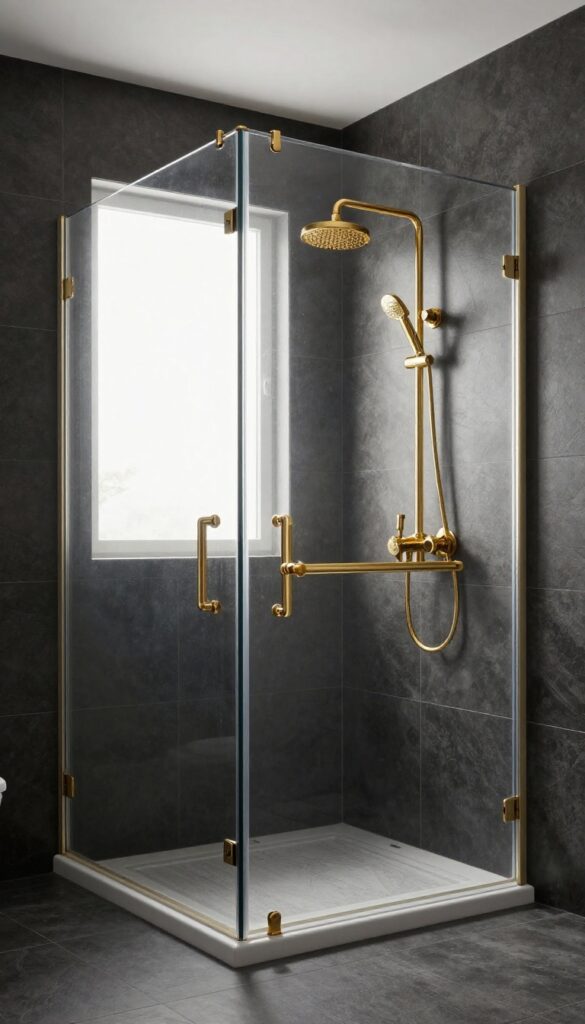 Walk-in shower with dark moody charcoal tiles and gold metallic accents in bright natural light