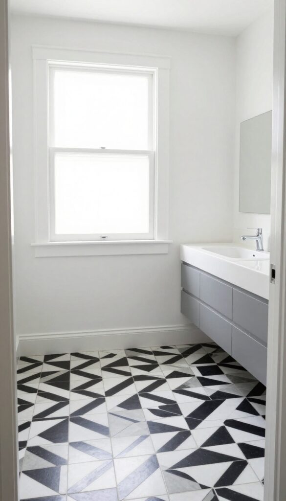 A timeless black and white patterned tile floor in a small bathroom with natural light, simple white walls, and minimal fixtures