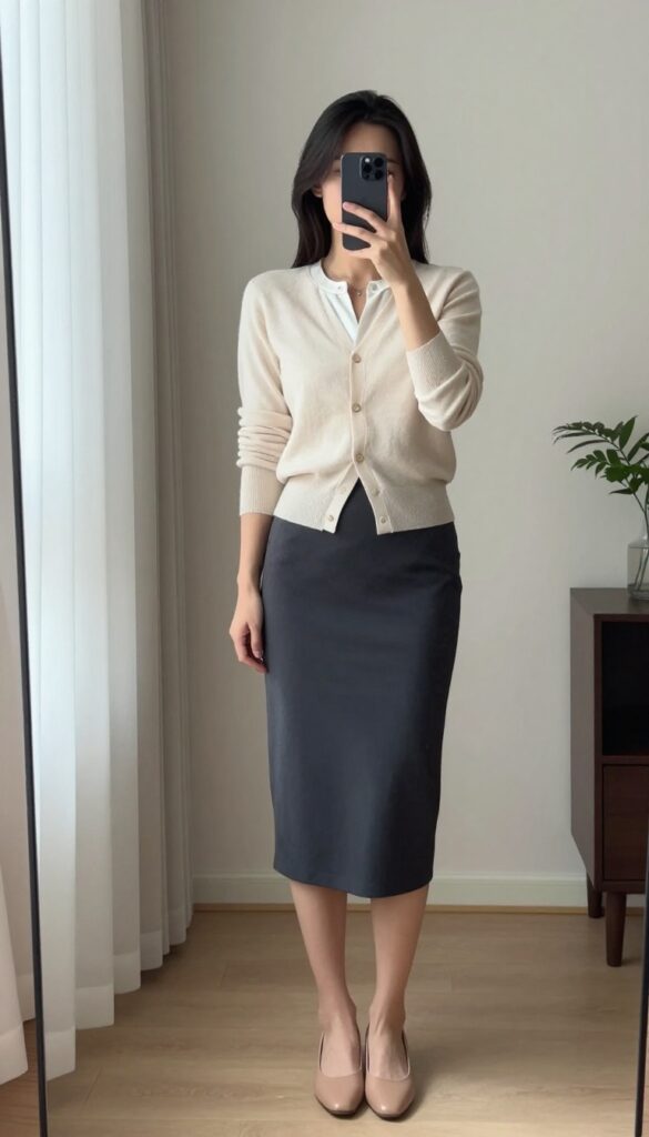 Woman in cream fitted cardigan and navy pencil skirt taking a mirror selfie in bright natural light, showcasing a polished casual business outfit.