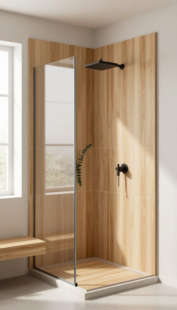 Modern shower stall with vertical wood-look porcelain planks, teak bench, eucalyptus bundle, and matte black fixtures in bright natural light.