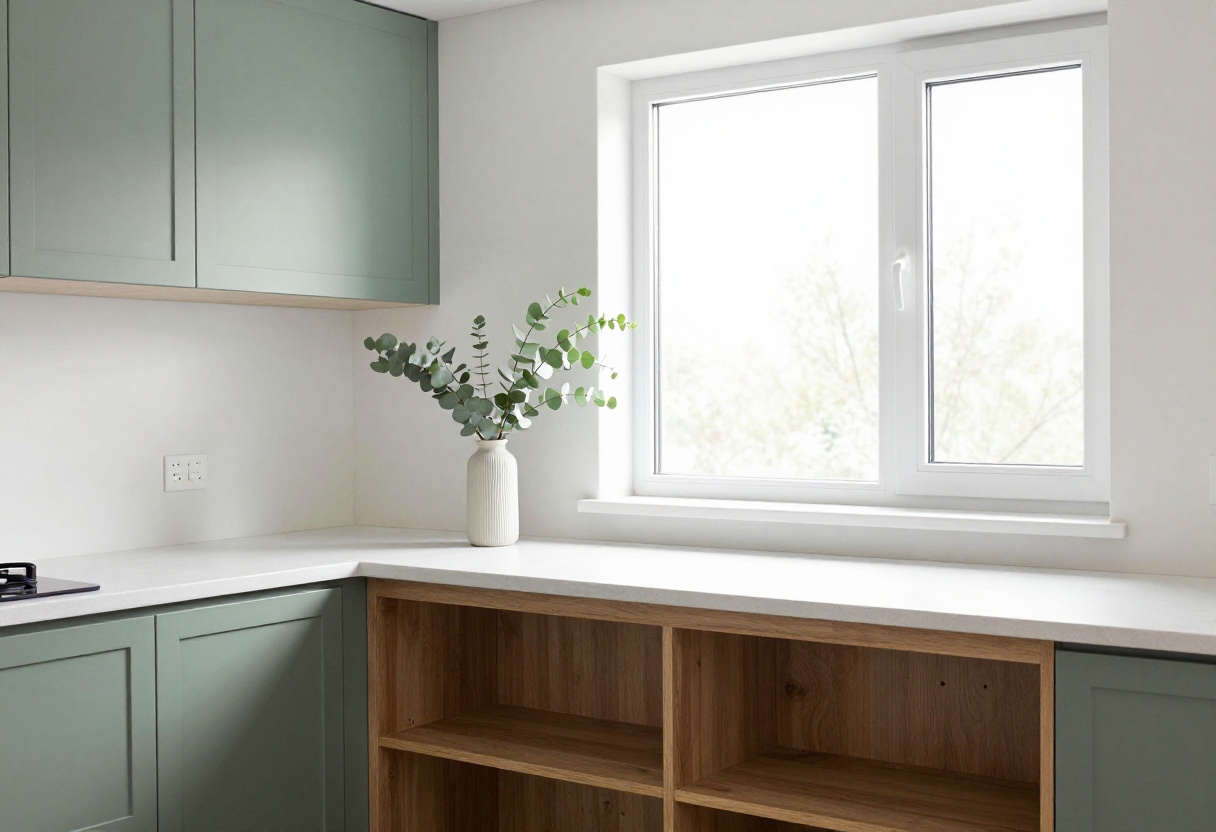 Bright kitchen with sage green cabinets and wood shelves