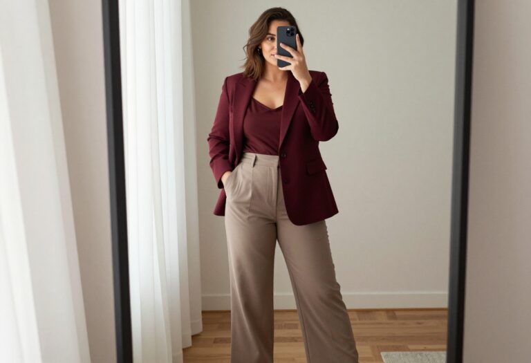 Plus-size woman taking a mirror selfie wearing a tailored blazer and wide-leg trousers for a semi-formal fall outfit.