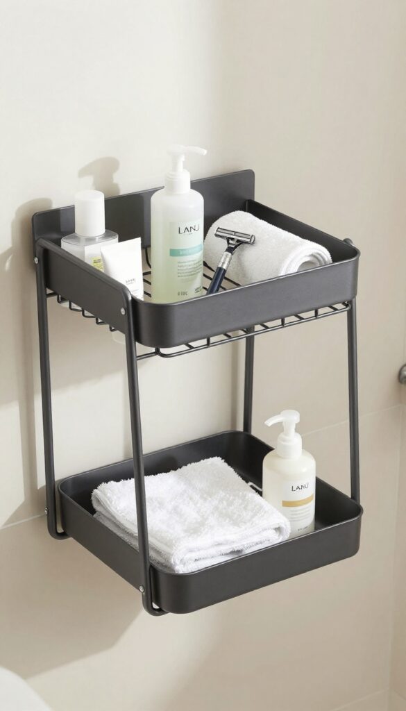 A stylish shower caddy in a college bathroom with organized toiletries in natural light.