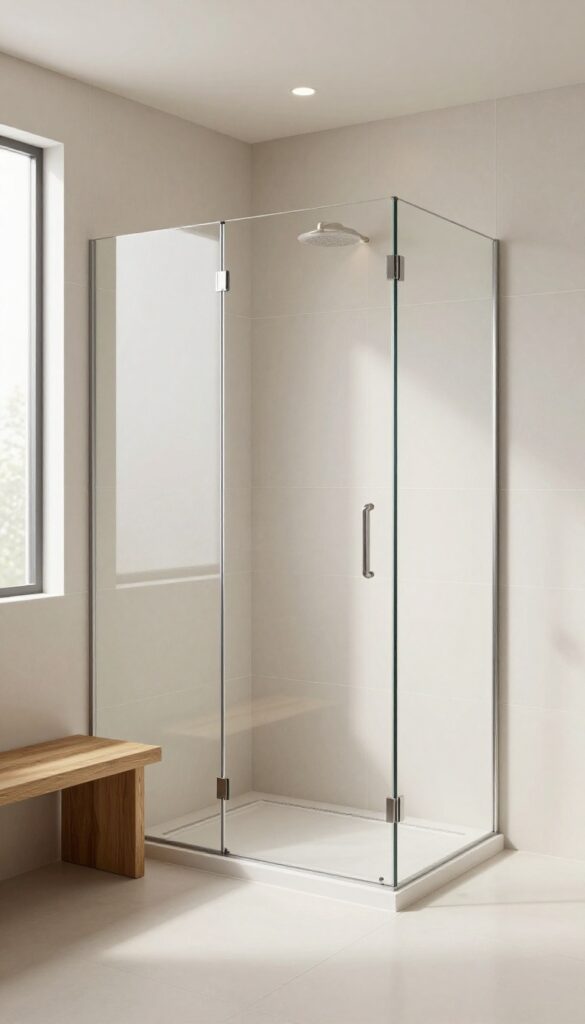 A spacious walk-in shower with seamless large-format tiles, natural light, and minimalist design elements