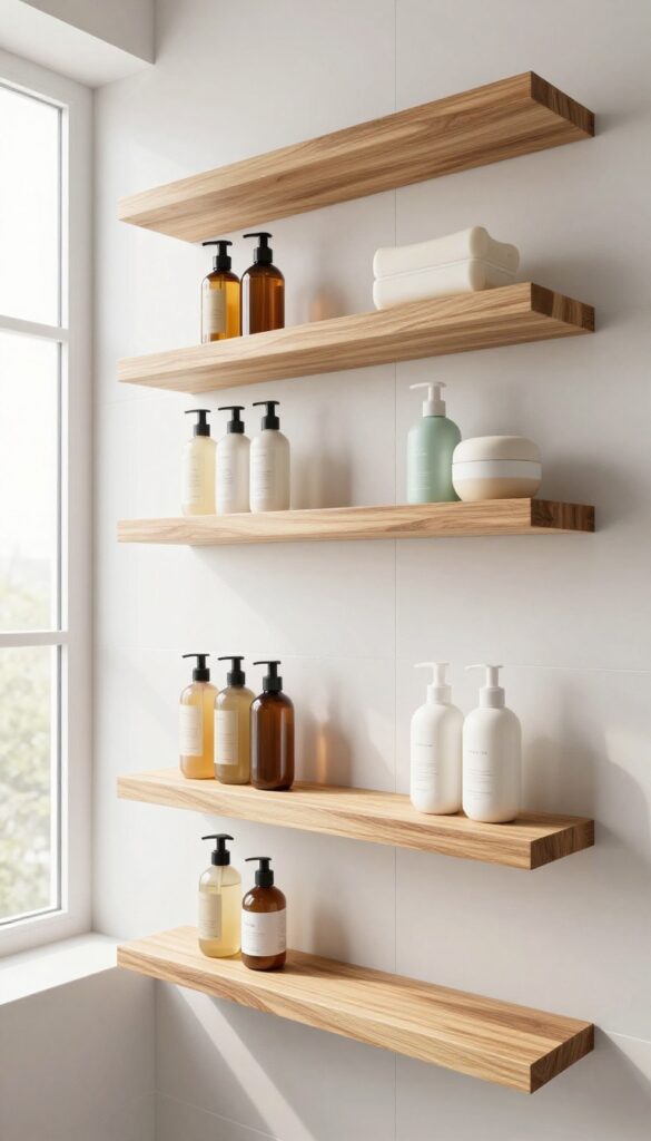 Floating shelves with waterproof finishes in a modern bathroom shower area, holding organized products in bright natural light.