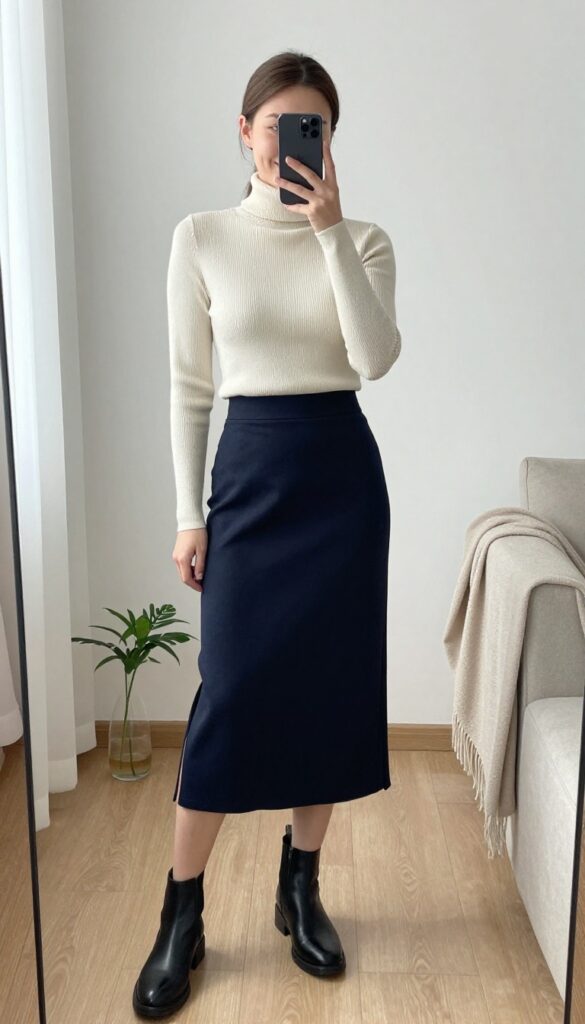 A woman takes a mirror selfie wearing a cream turtleneck, navy midi skirt, and black ankle boots, with a brown crossbody bag and gold jewelry, in a bright, modern living room.
