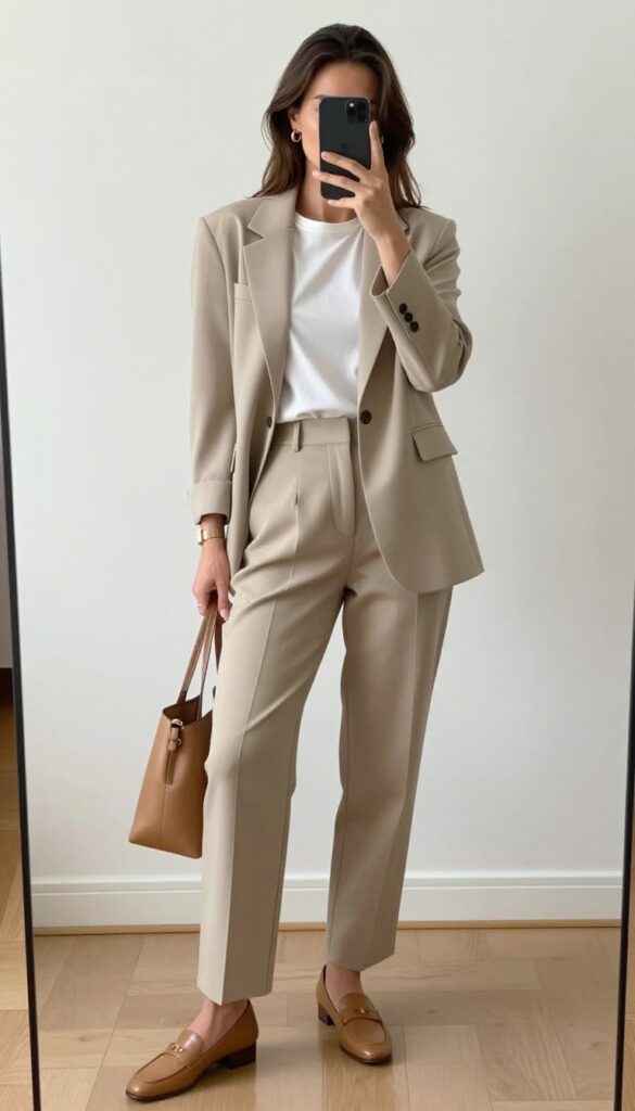 Woman in beige relaxed blazer and straight-leg trousers, holding phone in mirror selfie, loafers, tote bag, bright natural light, office setting.
