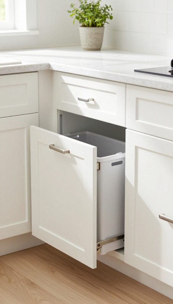Open cabinet door revealing a pull-out trash bin station in a bright kitchen.