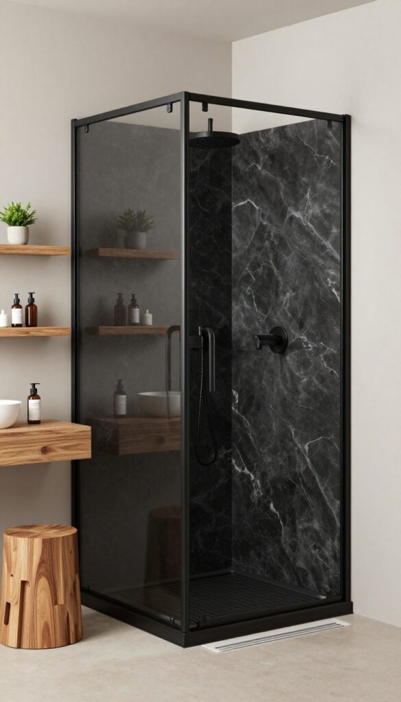 A walk-in onyx shower with natural wood accents, showing wooden shelves and fixtures against black stone in bright light, creating a warm and refined bathroom design.