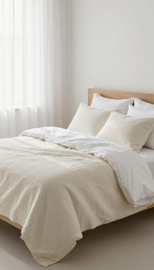 Layered neutral bedding on a king bed in a bright, airy bedroom with natural light and minimalist decor.