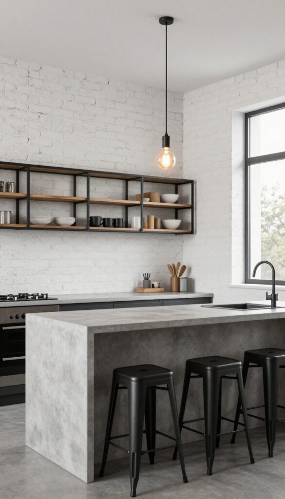 Industrial edge kitchen with exposed brick, concrete countertops, black metal stools, and warm wood accents.