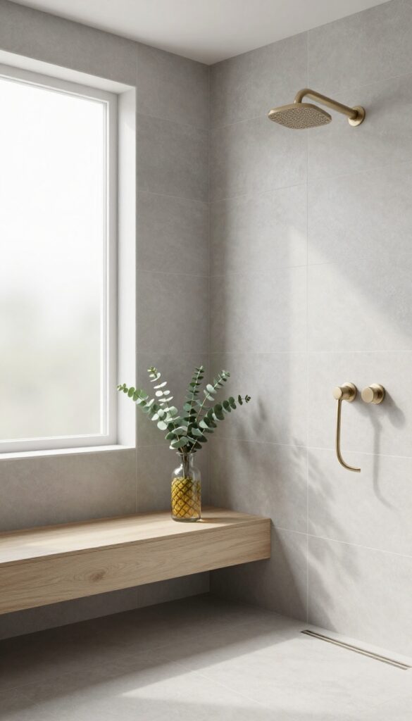 Modern shower with large soft grey porcelain slabs, teak bench, brushed nickel fixtures, and eucalyptus bundle.