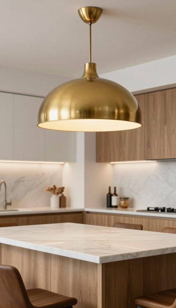 Single oversized warm brass dome pendant light over a marble kitchen island in a bright modern kitchen