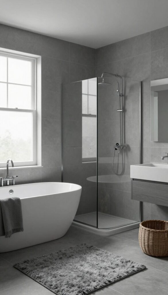 A calming monochrome bathroom with soft gray tones, featuring a shower and tub area under natural light, showcasing textures like a plush rug and woven baskets for a soothing, Pinterest-friendly look.