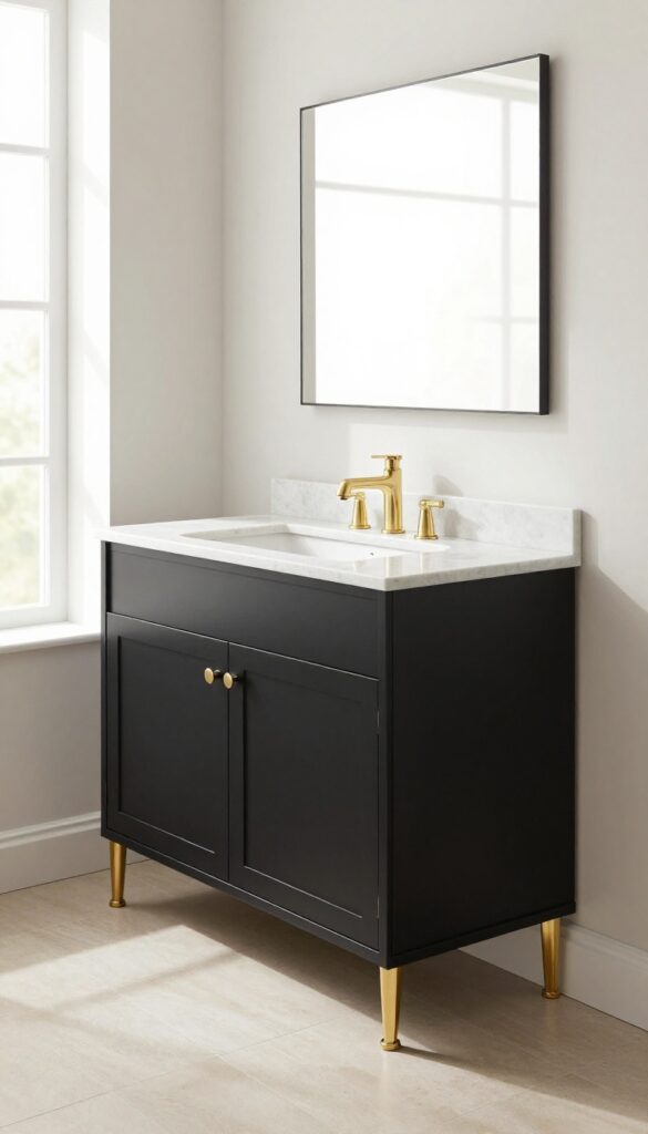 A black vanity cabinet in a bright bathroom with light countertops and brass hardware, illustrating dramatic contrast in home decor.
