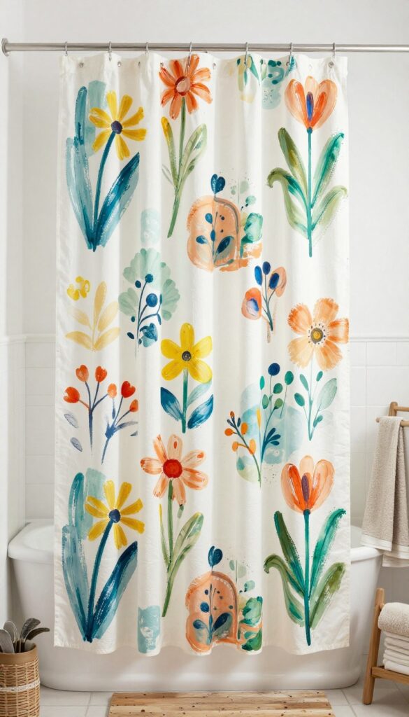 A DIY painted shower curtain with colorful abstract designs in a bright bathroom with natural light and minimalist decor.