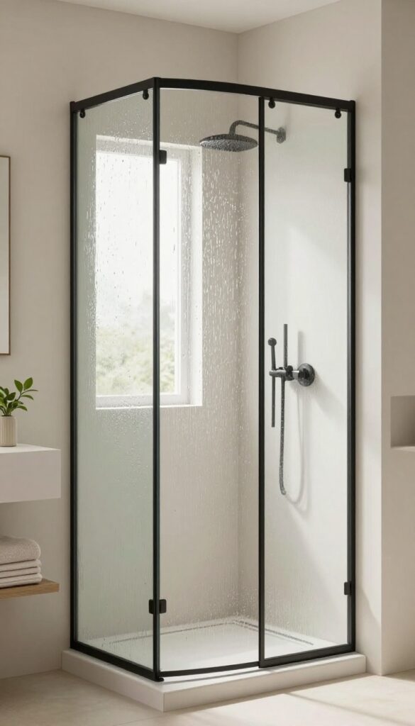 A sliding shower door with textured glass in a small bathroom, providing privacy while allowing natural light to filter through, set in a clean, minimalist space with modern hardware and subtle decor.