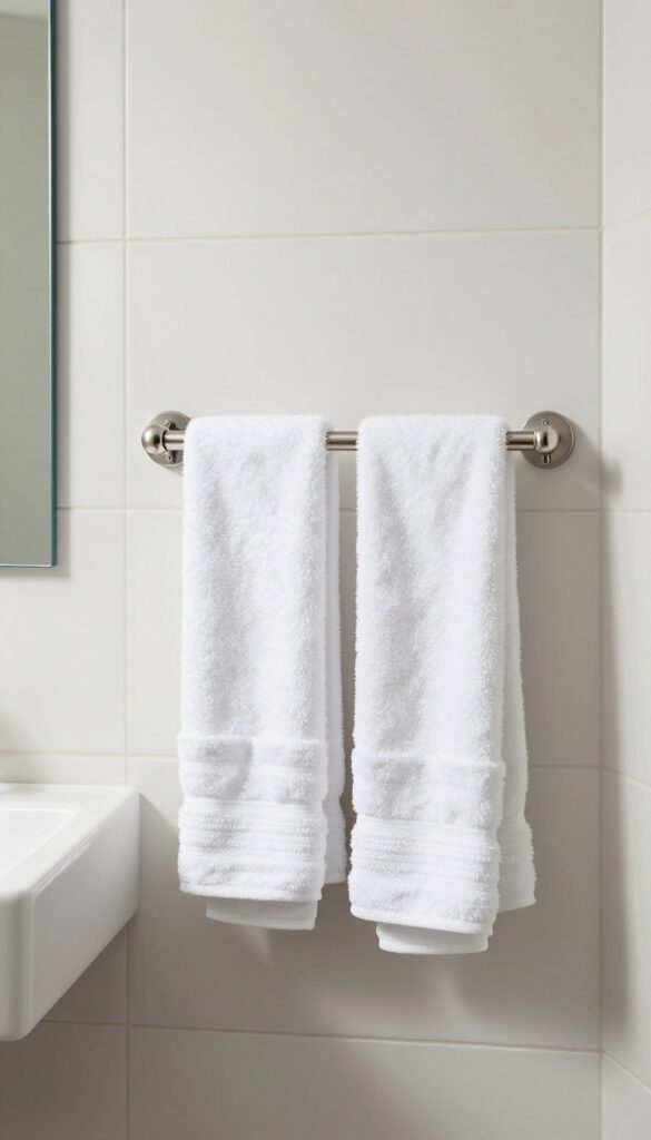 A modern bathroom featuring a matching brushed nickel towel bar and hook set with white towels hung neatly on a light tile wall.