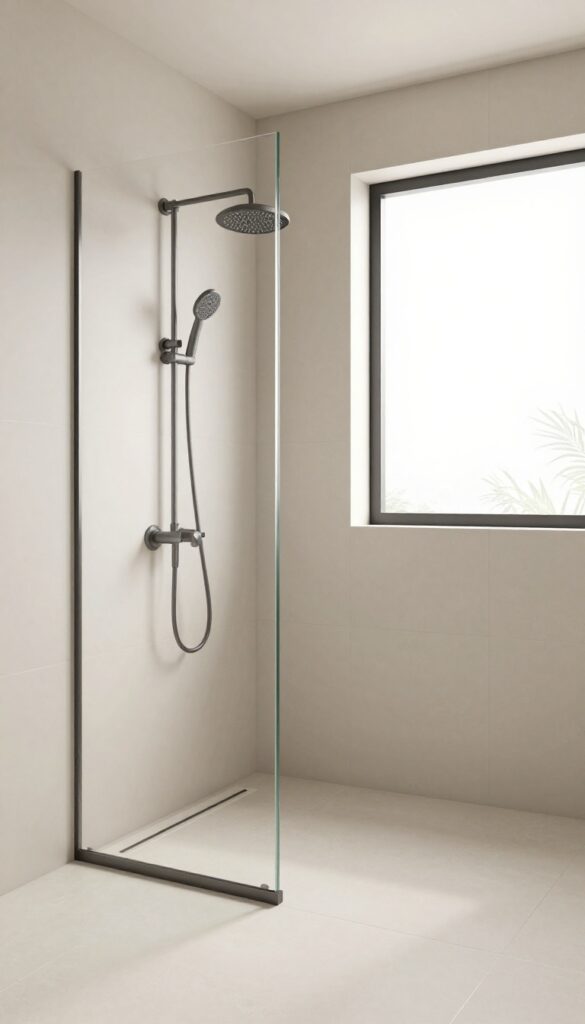 A minimalist bathroom with frameless glass shower panel in bright natural light, featuring neutral tiles and simple fixtures for a sleek, open feel.