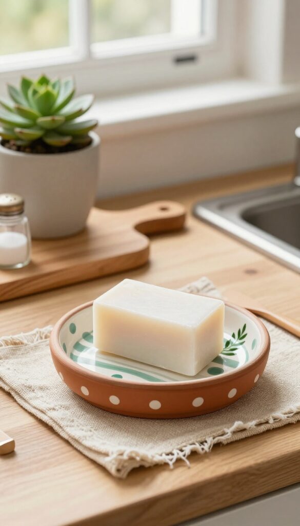 Terracotta saucer with hand-painted details used as a soap tray on a kitchen counter, with white soap, wooden cutting board, linen mat, salt cellar, and succulent in natural light.
