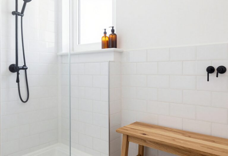 Black and white shower with teak bench, matte black fixtures, and white subway tile