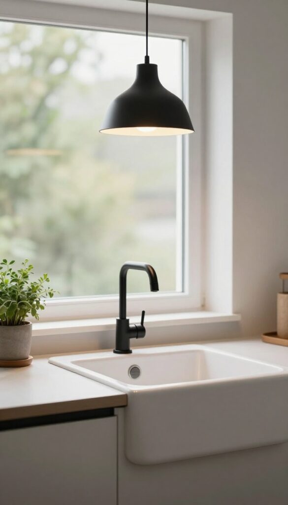 A single matte black pendant light hanging above a white farmhouse sink by a window in a bright modern kitchen.