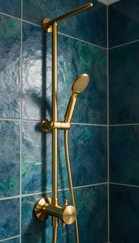 Gold or brass shower faucet against dark navy blue tiles, luxurious and elegant bathroom interior