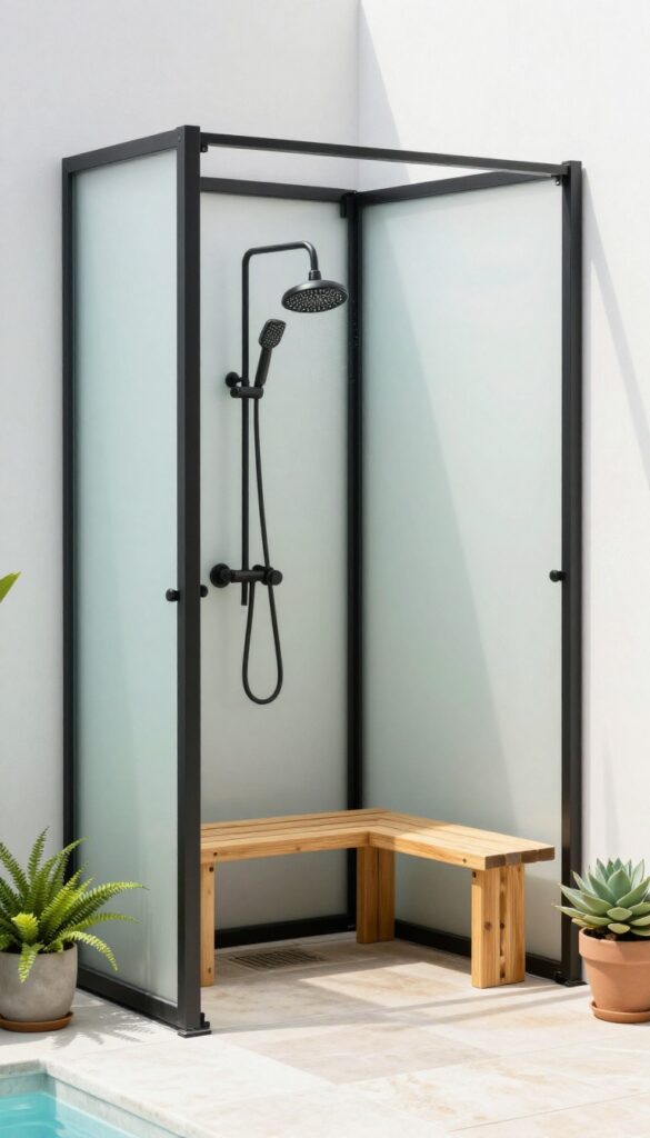 Corner outdoor shower with translucent frosted glass panels and teak bench in minimalist poolside setting