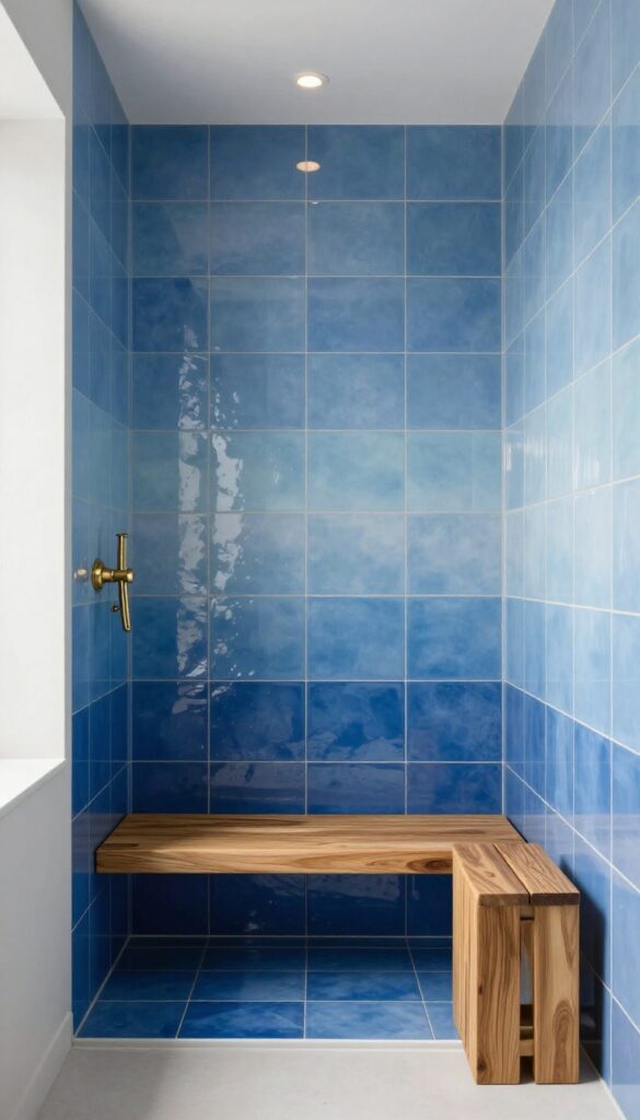 Ombre blue gradient tile shower with navy at bottom fading to sky blue at top, teak bench, brass fixtures, bright natural light