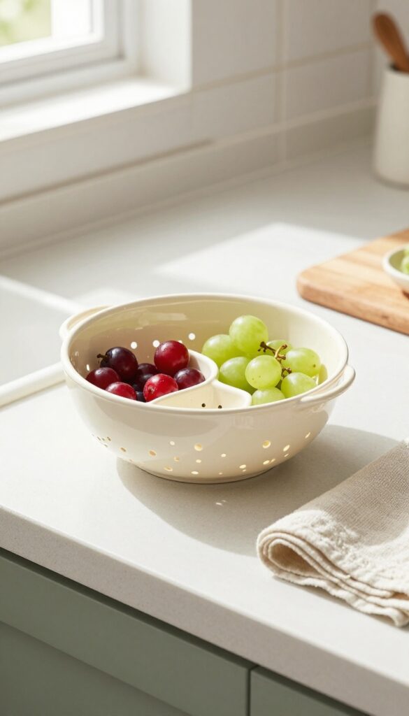 Ceramic bowl with built-in colander filled with berries and grapes on kitchen countertop