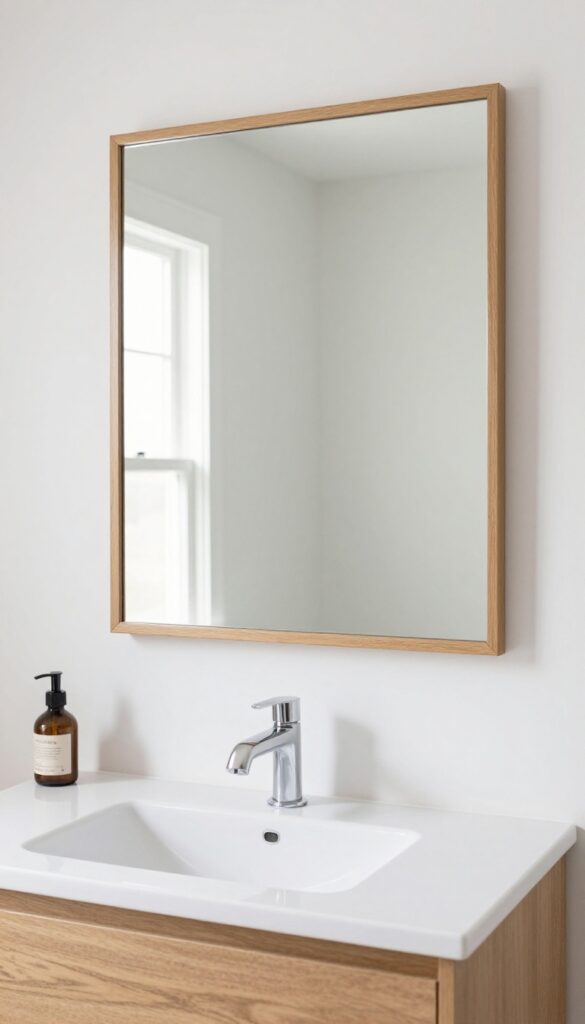 A guest bathroom with a framed mirror upgrade that expands the space and adds visual interest.