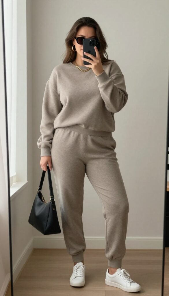 Plus-size woman in a matching neutral lounge set with gold hoop earrings, layered necklace, white sneakers, black tote, and sunglasses, taking a mirror selfie.