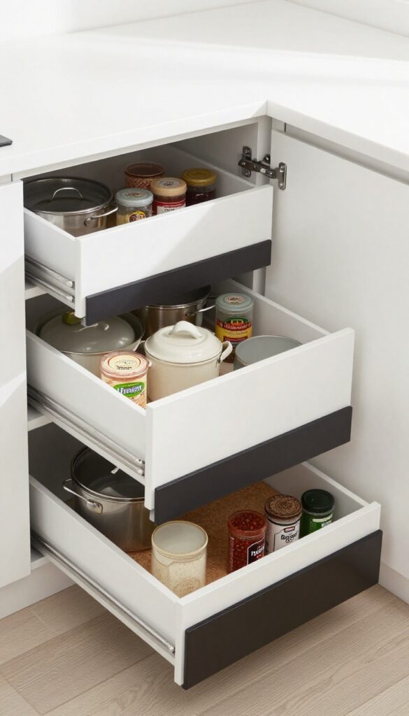 Open kitchen corner cabinet with pull-out drawers storing cookware and spices