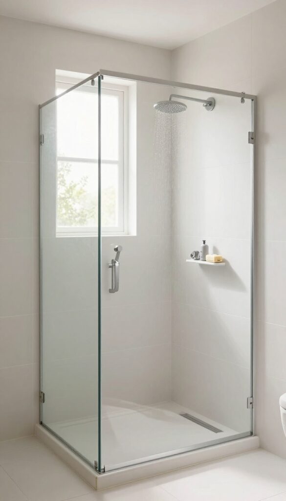 A small bathroom featuring a half-wall walk-in shower divider with tiled surfaces and a glass panel, designed to provide privacy and water control while maintaining an open, airy feel under bright natural light.