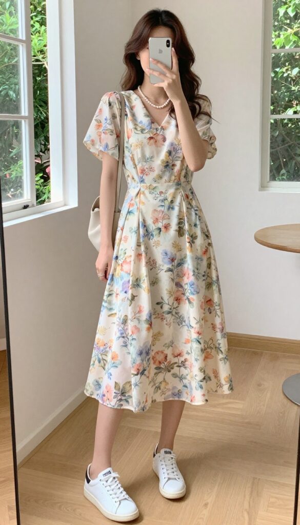 A woman in a floral midi dress and white sneakers poses in a mirror selfie, holding a phone partially covering her face. She wears a short pearl necklace and carries a small crossbody bag. The setting is bright and casual, with natural light.