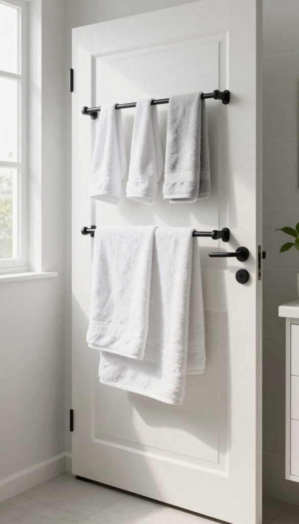 Over-the-door towel rack in a small bathroom with white and gray towels, natural light, minimalist decor.