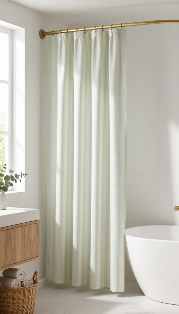 Modern bathroom with subtle vertical stripe shower curtain in muted sage and cream, warm wood accents, matte brass fixtures, and natural light.