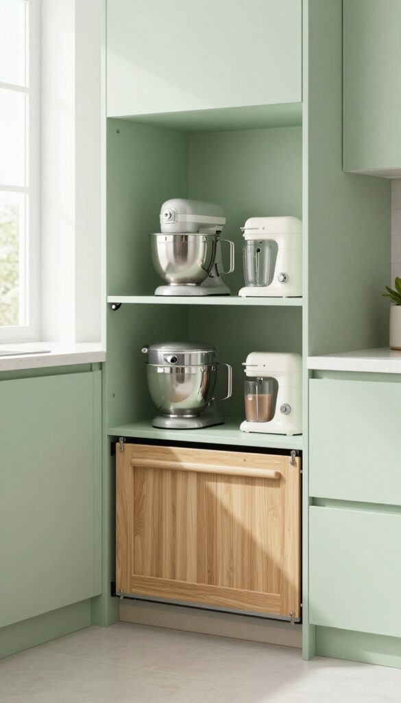 Modern kitchen corner with a wood tambour appliance garage hiding a stand mixer and blender, soft sage interior, bright natural light.