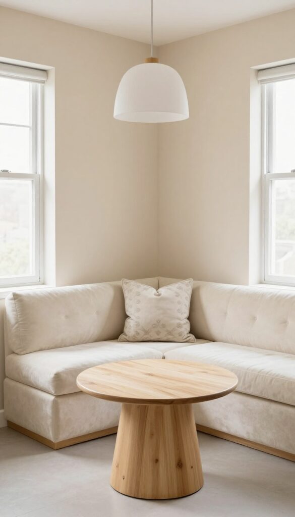 Cozy kitchen corner banquette with small round table, lit by natural light and a pendant lamp.