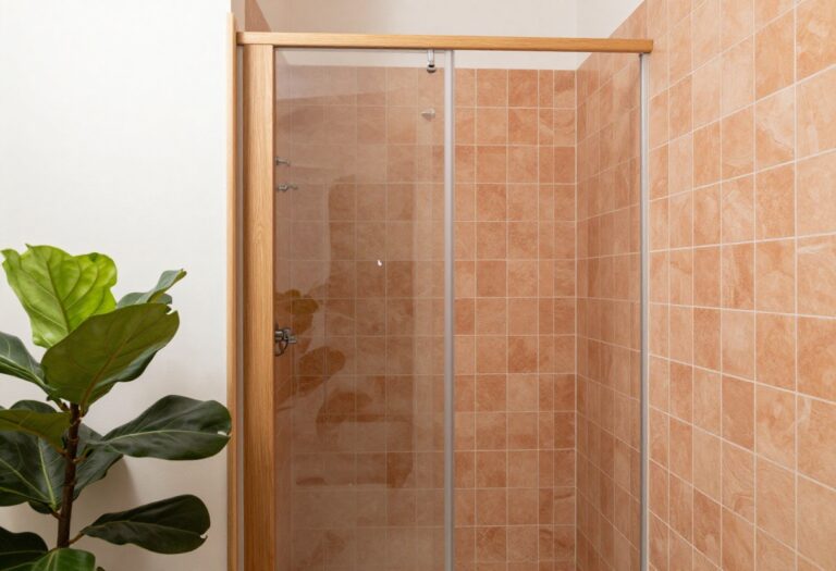 Walk-in shower with terracotta tiles, wood accents, and plants for a calm, custom bathroom design.