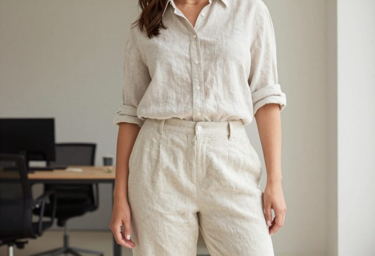 A woman in a casual summer office outfit featuring tailored linen trousers and a relaxed button-up shirt, styled for comfort and professionalism in bright natural light.