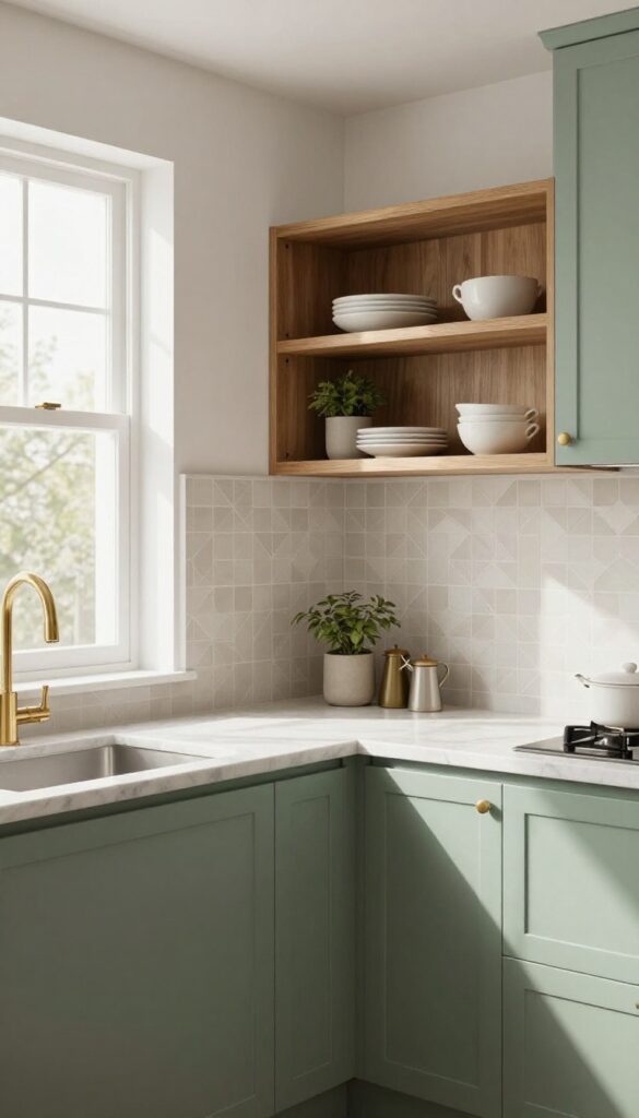 Sage green lower cabinets with warm wood open shelving in a bright kitchen