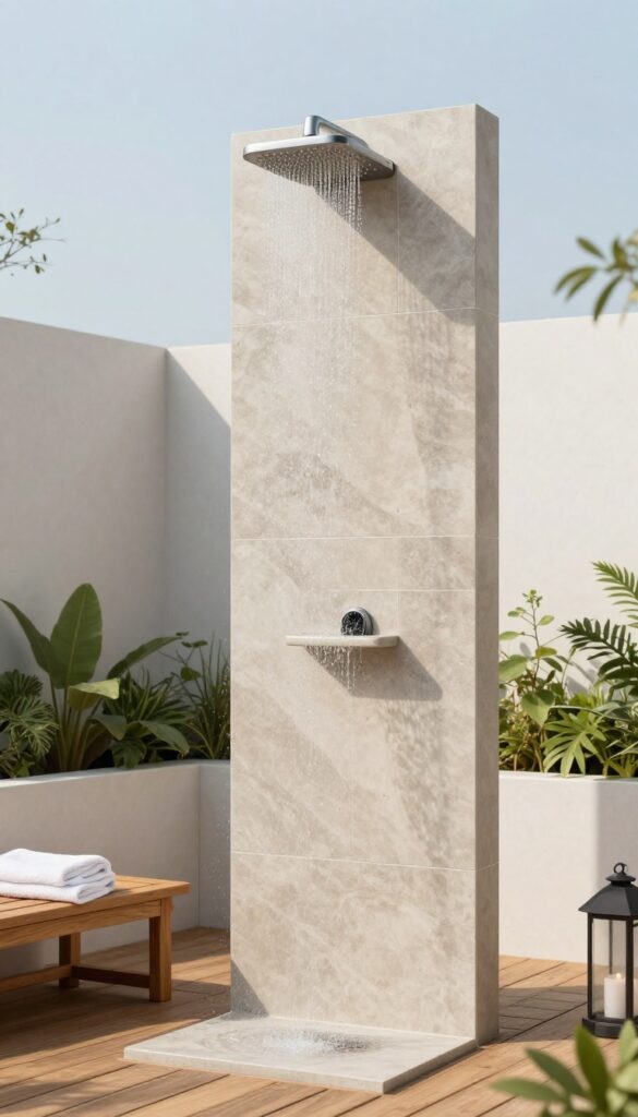 Tiled column shower with rain head and built-in soap dish on a pool deck