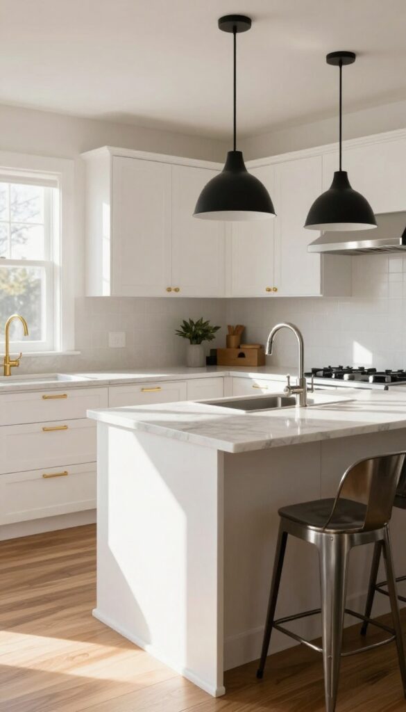 Modern kitchen with mixed metal finishes including gold cabinet handles, silver faucet, black light fixtures, and brushed nickel hardware