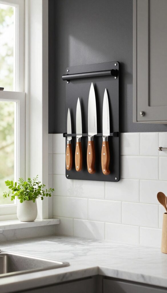 Magnetic knife strip mounted on a tiled backsplash in a small kitchen, freeing up counter space