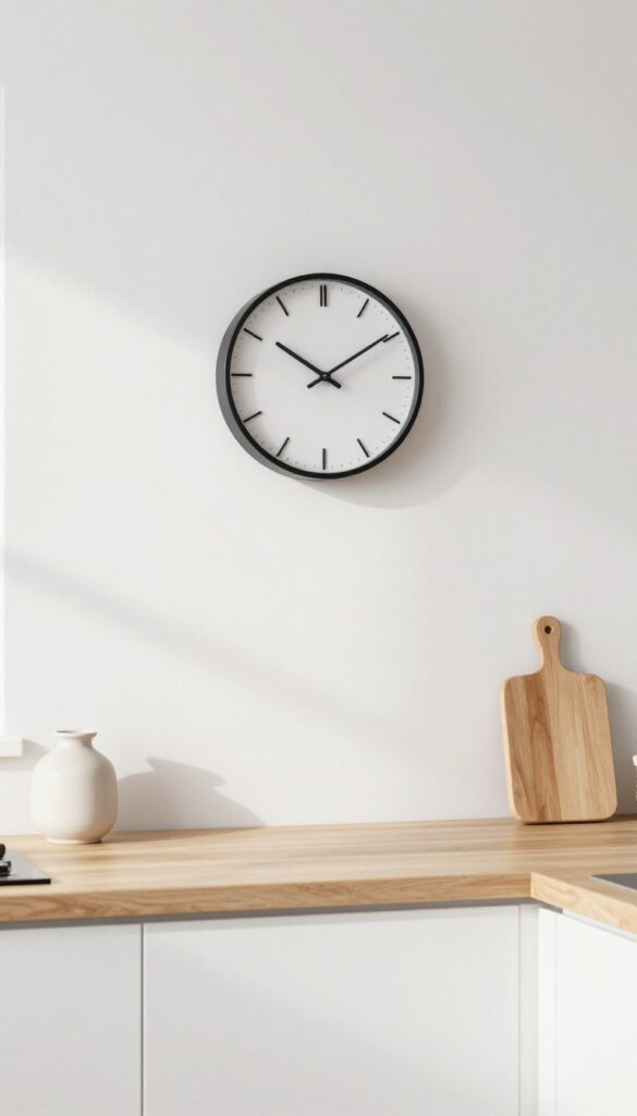 Minimalist kitchen wall decor with a single round clock on a bright white wall, creating an open and calm feel.